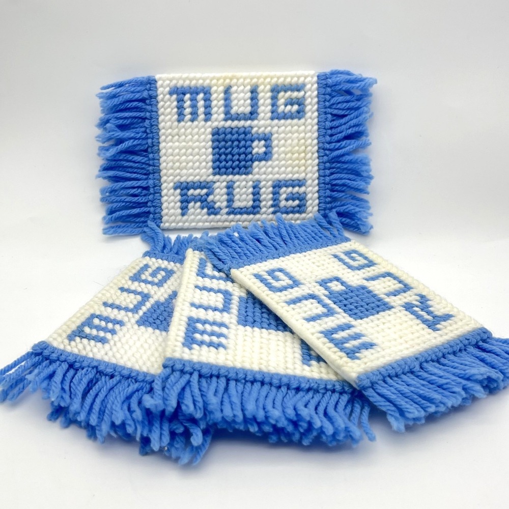 Vintage Mug Rug Coaster Set Of 4 Blue Rectangle Yarn Fringed Coffee Mug Cup